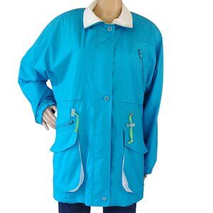 Vintage London Fog Rain Jacket Women's Large Teal Blue Lined Pockets Full Zip